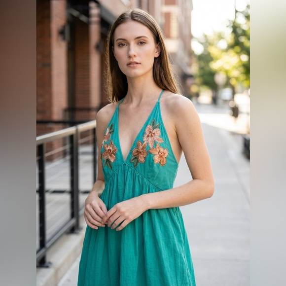 Free People Dresses & Skirts - Free People Turquoise Dress with Floral Details